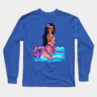 Mermaid  with rainbow coloured colored fins, hibiscus, outstretched  arm, brown eyes, Curly hair  and caramel brown skin - light background Long Sleeve T-Shirt